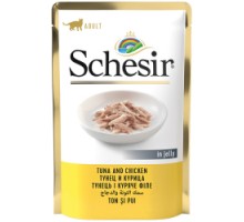 Schesir Tuna and Chicken ШЕЗІР ТУНЕЦЬ З КУРЯЧИМ ФІЛЕ в желе натуральні консерви для котів, вологий корм, пауч 85г