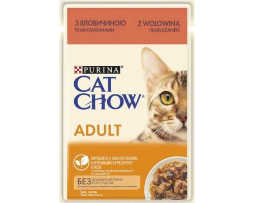 Cat Chow Adult Нежные кусочки в желе с говядиной и баклажанами для кошек 85г
