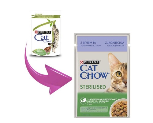 CAT CHOW Sterilized. Для стерилизованных котов. С ягненком и зеленой фасолью в желе