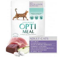 Optimeal (Оптіміл) вологий корм для дорослих кішок з ефектом виведення шерсті, з качкою і печінкою в яблучному желе