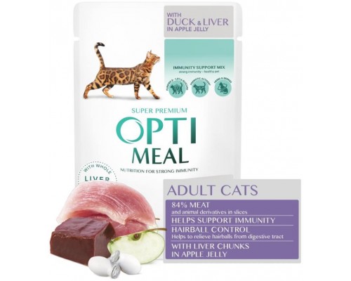 Optimeal (Оптіміл) вологий корм для дорослих кішок з ефектом виведення шерсті, з качкою і печінкою в яблучному желе