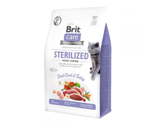 Brit Care Cat Grain-Free Sterilised and Weight Control корм беззерновой з качкою та індичкою для стерилізованих кішок