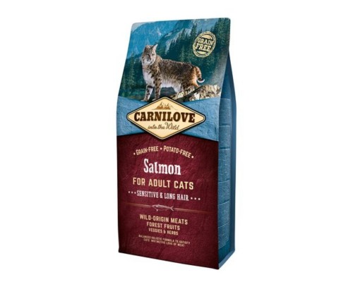 Carnilove Cat Salmon Sensitive & LongHair с лососем для взрослых кошек с чувствительным пищеварением