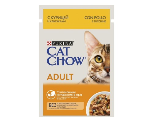 Cat Chow Adult Нежные кусочки в желе с курицей и кабачками для кошек 85г